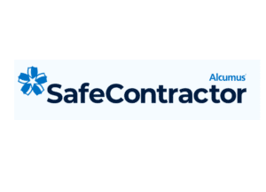Alcumus SafeContractor color logo on light blue background.