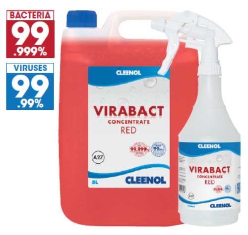 Two containers of Virabact Concentrate Red by Cleenol; a 5L jug and a spray bottle, both highlighting 99.999% bacteria and 99.99% virus effectiveness.
