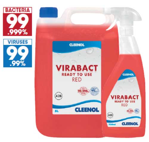 Image of two bottles of Cleenol Virabact disinfectant, one 5L jug and one 750ml spray, highlighting 99.999% bacteria and 99.99% virus effectiveness.