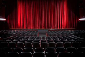 A theater interior featuring red curtains and rows of black seats.