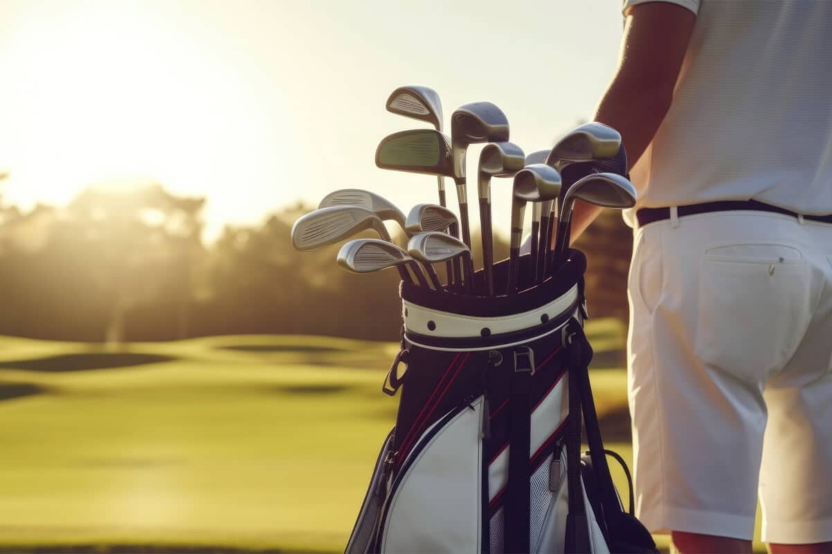 A man stands holding a golf bag filled with clubs and a golf club in his hand, ready to play.